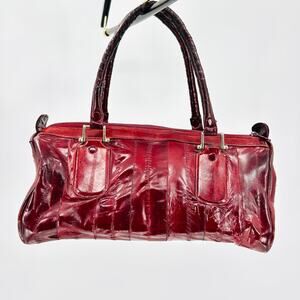 Vintage 80s Eel Skin Burgundy Glossy Structured Satchel Handbag